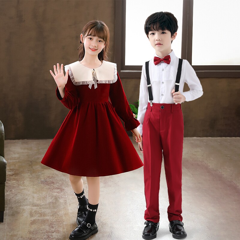 儿童合唱演出服小学生女童红色舞蹈裙男童背带裤礼服表演服装春季