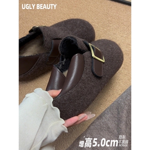 现货版~厚底内增高加绒勃肯鞋女全包2025秋冬新款真皮两穿毛毛鞋