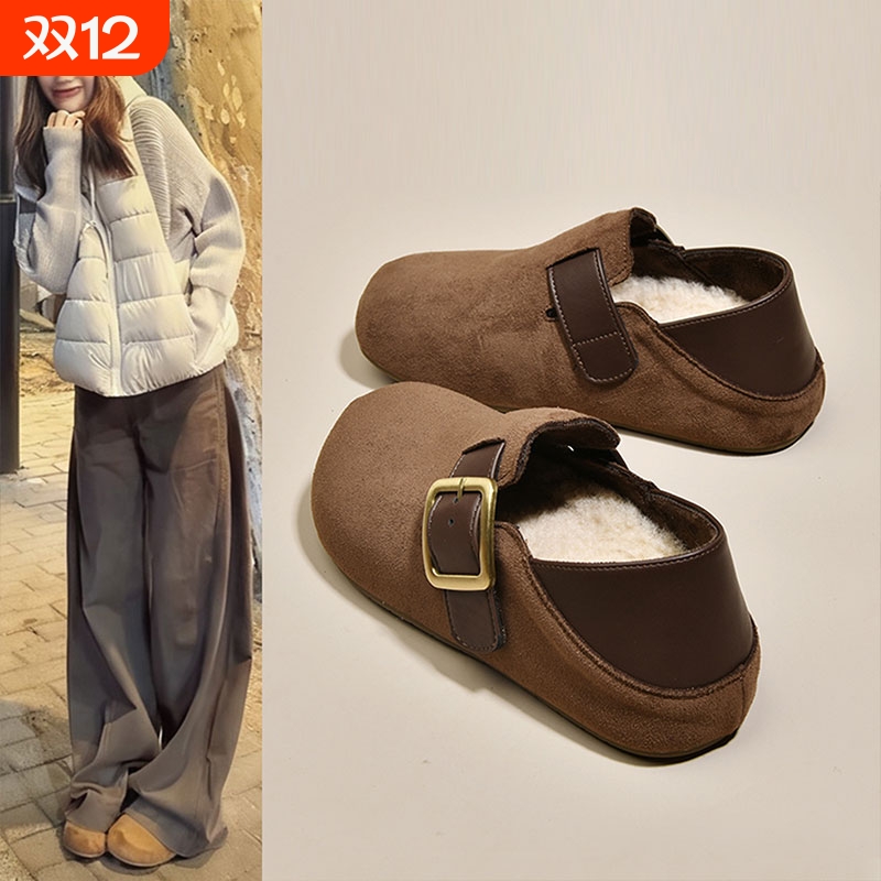 厚底增高加绒保暖两穿全包勃肯鞋女鞋2025新款冬季一脚蹬雪地棉鞋