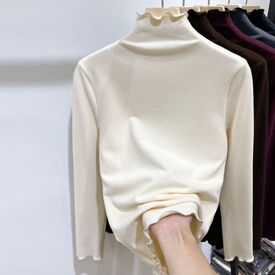 女童木耳边长袖T恤加厚德绒洋气半高领磨毛打底衫内搭秋冬上衣