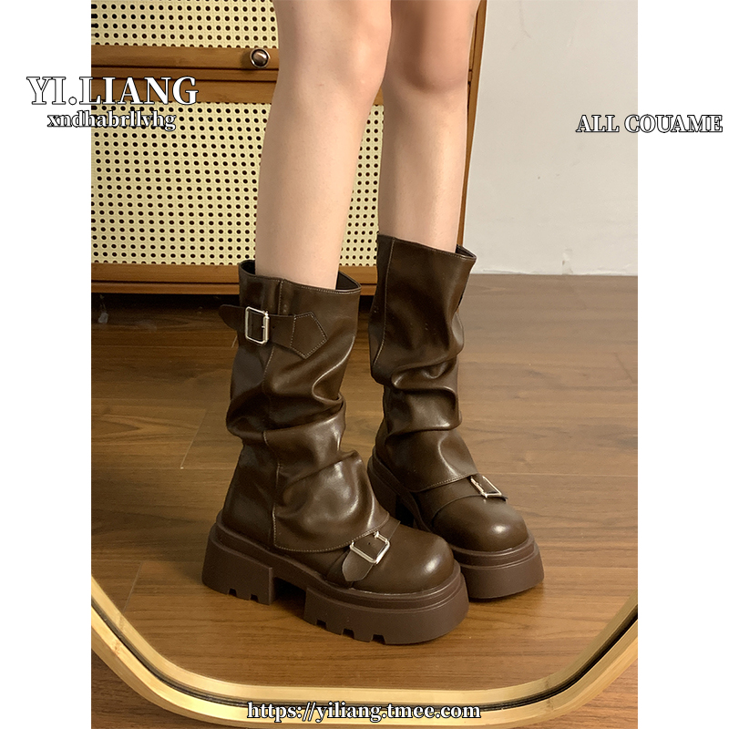 厚底增高马丁靴女2024年新款春秋冬季美中筒靴子高跟粗跟黑色圆头 - 封面