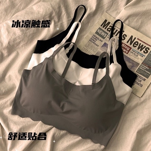 无痕冰丝内衣少女吊带运动文胸学生显胸小背心夏季薄款可拆卸黑色