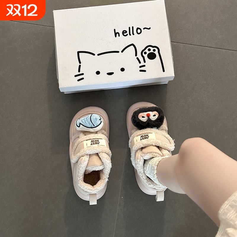 可爱卡通企鹅一字魔术贴加厚保暖厚底雪地靴女2025冬季新款大棉鞋