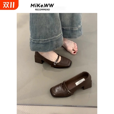 法式粗跟高跟鞋方头小皮鞋女2025新款秋季配裙子乐福鞋玛丽珍单鞋