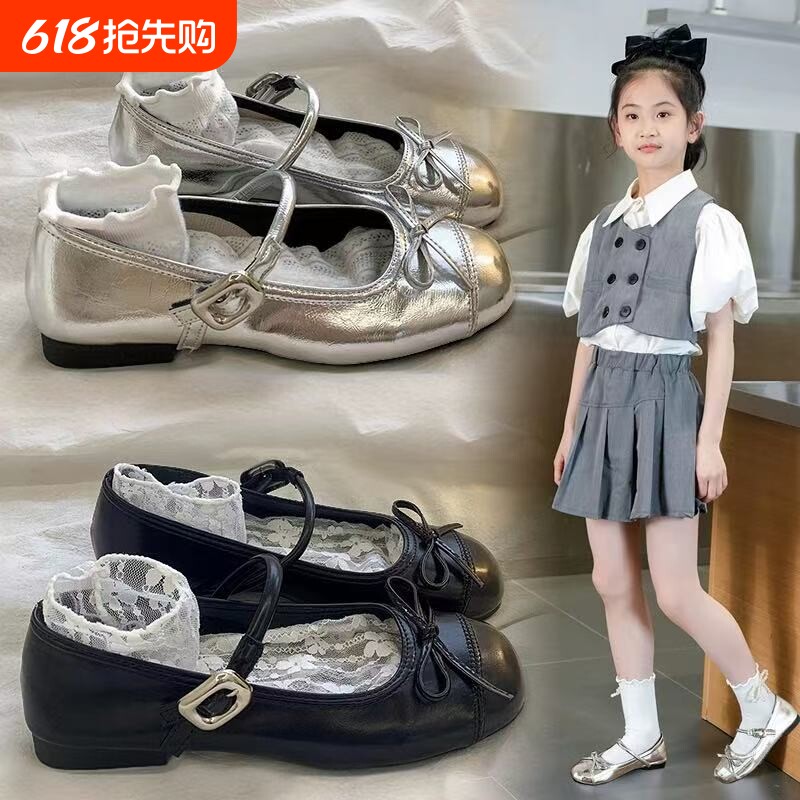 女童新款单鞋2025春季银色女小皮鞋儿童舞蹈鞋黑色鞋子方头魔术贴