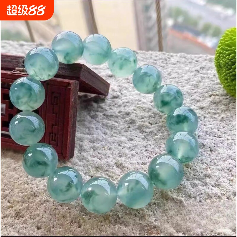 危地马拉冰种飘花翡翠手链老坑蓝水手串冰种飘花仿翡翠送女友礼盒图片