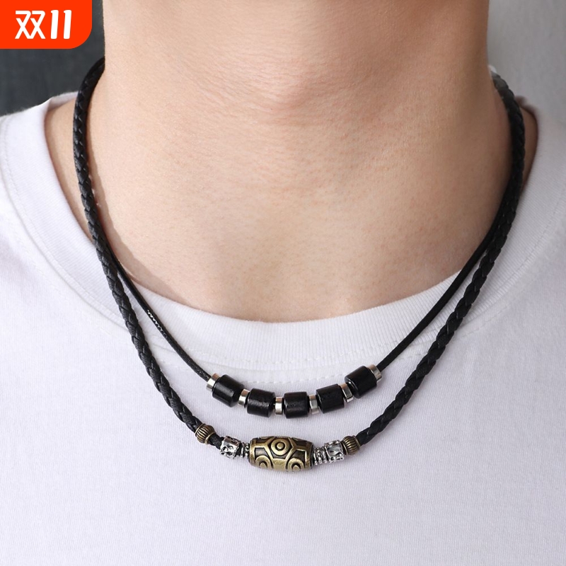 泛洛轻珠藏青复古项链个性编织蜡绳古色吊坠锁骨链朋克风潮男送礼