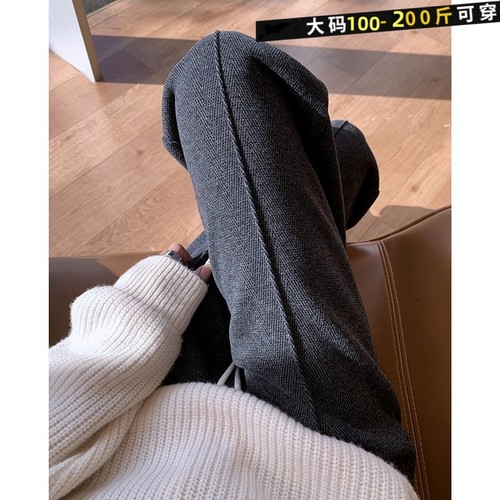 灰色直筒裤女秋冬加绒裤子2025新款人字纹毛呢裤窄版阔腿裤女大码