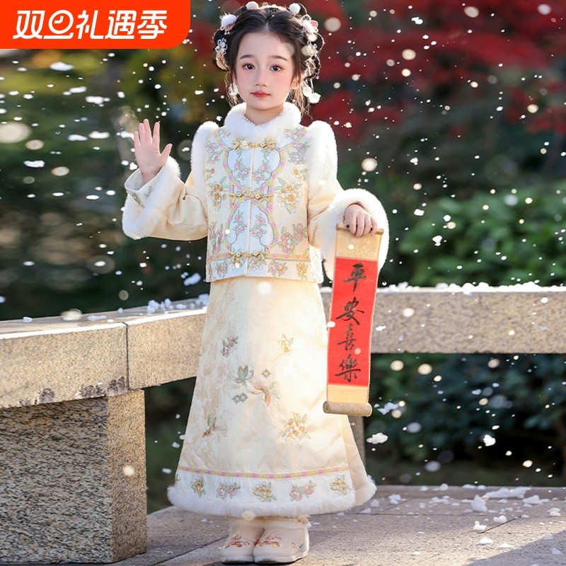 女童汉服2025冬季新款加绒保暖唐装儿童中国风复古旗袍连衣裙童装