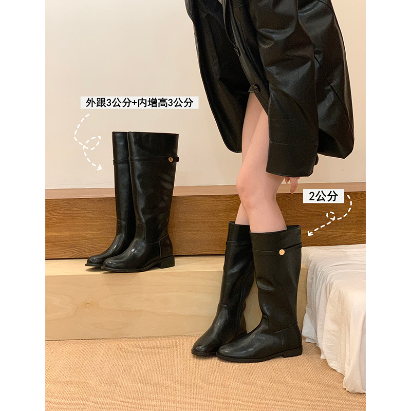 黑色机车靴长筒女靴2025秋冬季显瘦内增高骑士靴长靴平底磨砂圆头