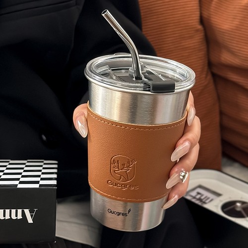 不锈钢水杯简约带吸管咖啡杯