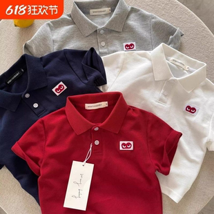2025夏男女童日系爱心T恤宝宝洋气翻领polo衫 儿童短袖 潮红色黑色
