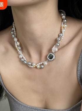 日韩双层叠戴珍珠项链女小众设计高级感颈链2024年新款爆款锁骨链