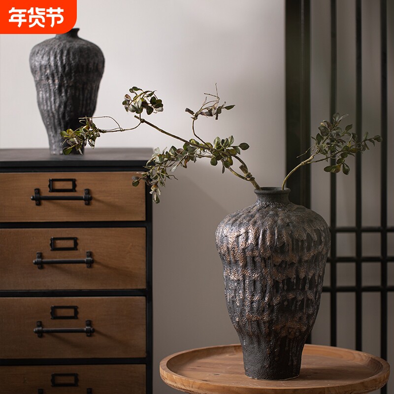 景德镇哑光黑手工侘寂禅意客厅插花装饰摆件台面陶罐干花花瓶玄关