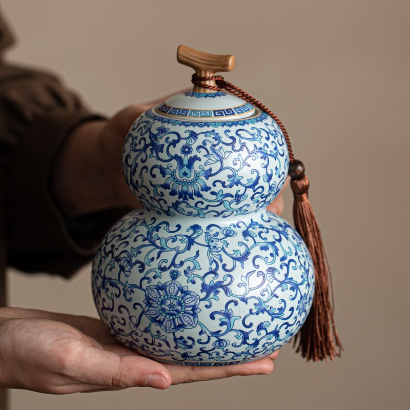 青花汝窑葫芦茶叶罐高档绿茶白茶普洱茶防潮罐陶瓷中式密封储存罐