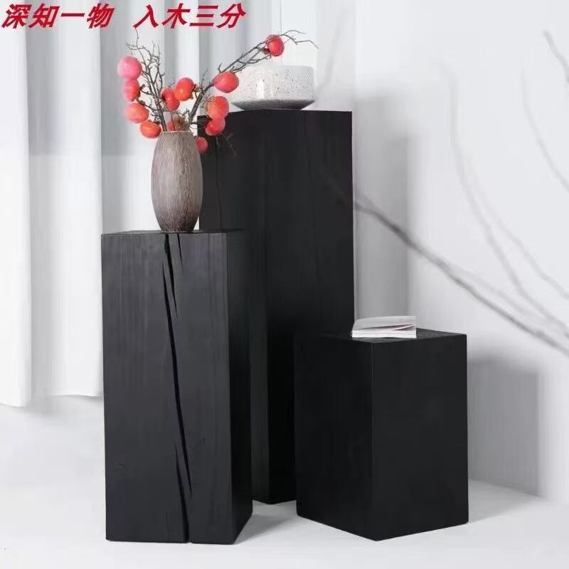 实木方形木墩子花架碳化黑色树桩底座木桩茶几坐凳摆件边几原木