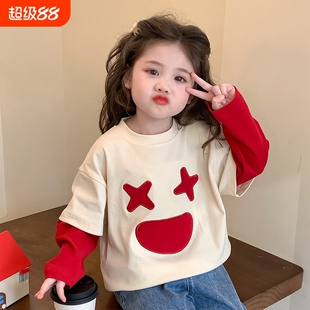 女童卫衣春秋2025新款儿童洋气纯棉秋季女宝宝时髦秋装假两件上衣