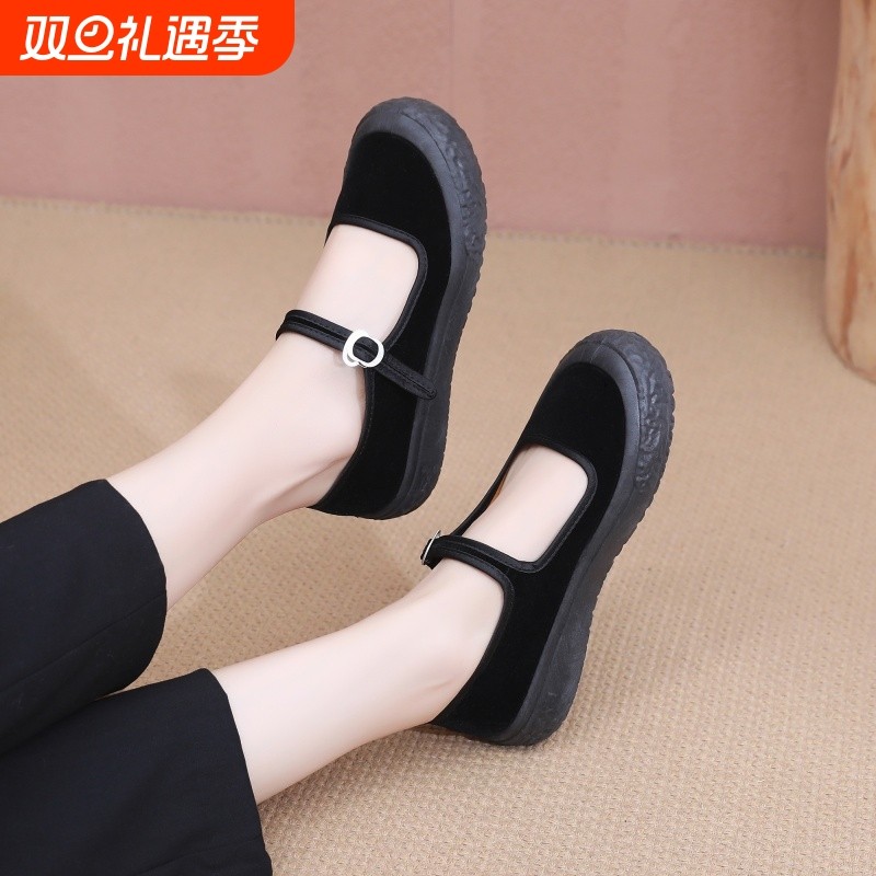 老北京布鞋女厚底工作鞋轻便软底上班黑黑色妈妈鞋不累脚防滑平底