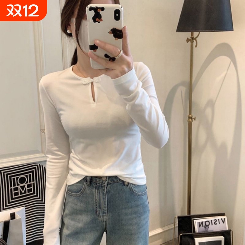 螺纹纯棉新中式琵琶扣保暖上衣长袖t恤女早秋韩版修身百搭打底衫