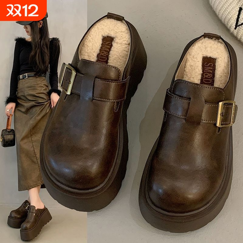 包头半拖毛毛拖鞋女外穿棉鞋厚底