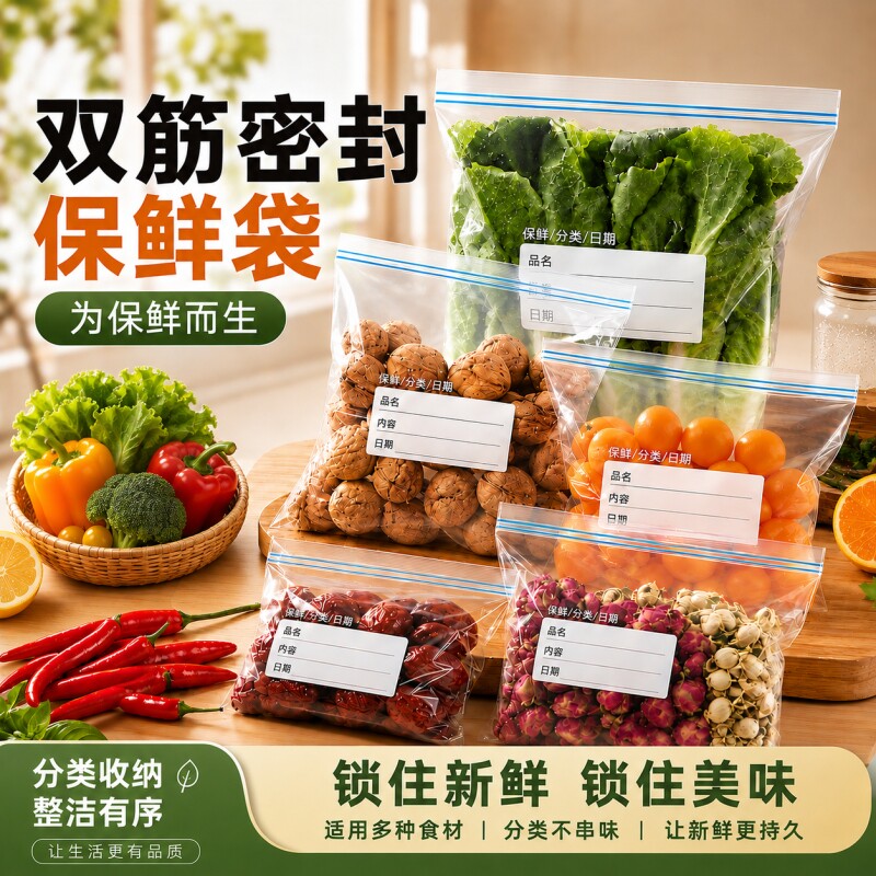 保鲜袋密封袋食品级冰箱专用拉链式塑料袋带封口收纳蔬菜冷冻家用