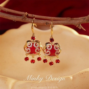 新年「平安如意」红色满钻耳坠新中式平安锁耳饰国风过年耳环新款