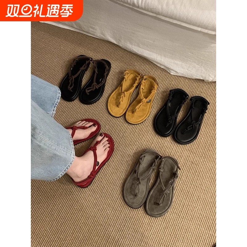 凉鞋夏季东大门麻绳编织夹趾罗马女韩国海边简约百搭人字拖法式
