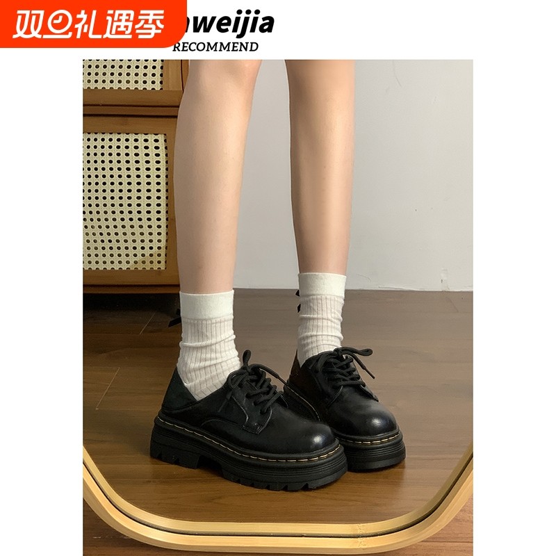 圆头系带黑色小皮鞋女2025年春秋冬季新款厚底增高单鞋子英伦风爆