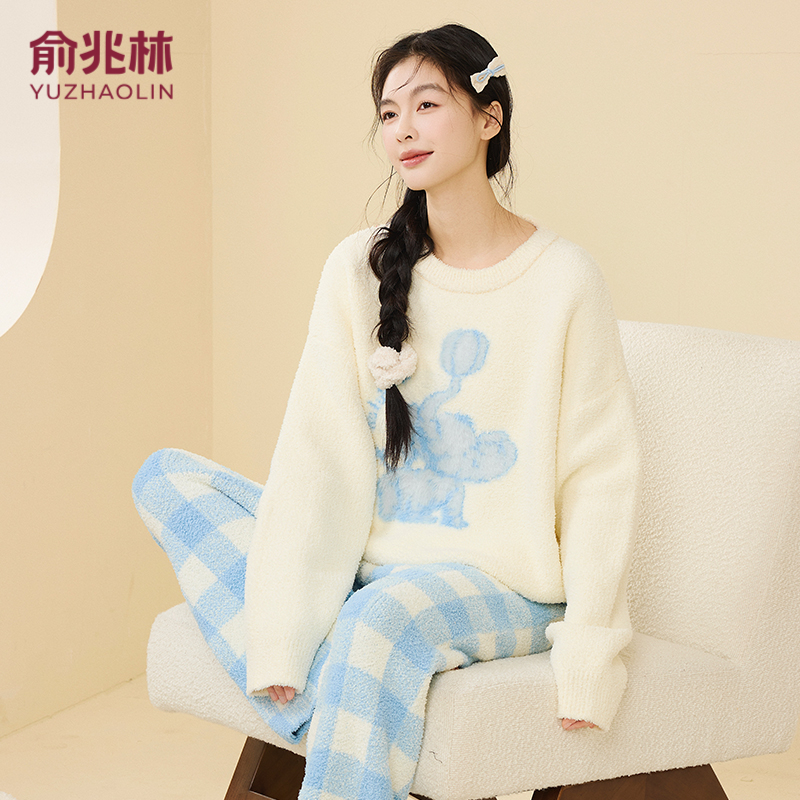 俞兆林半边绒睡衣女套头圆领加绒保暖女士家居服可外穿时尚套装