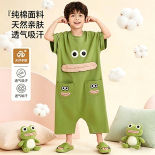 儿童连体睡衣男童夏季薄款搞怪丑鱼纯棉短袖薄款防踢被家居服女童
