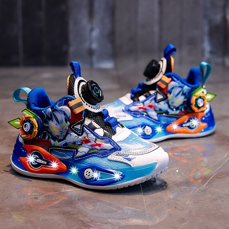 网面儿童鞋子男童带灯春秋2026新款透气运动鞋亮灯发光老爹鞋男孩