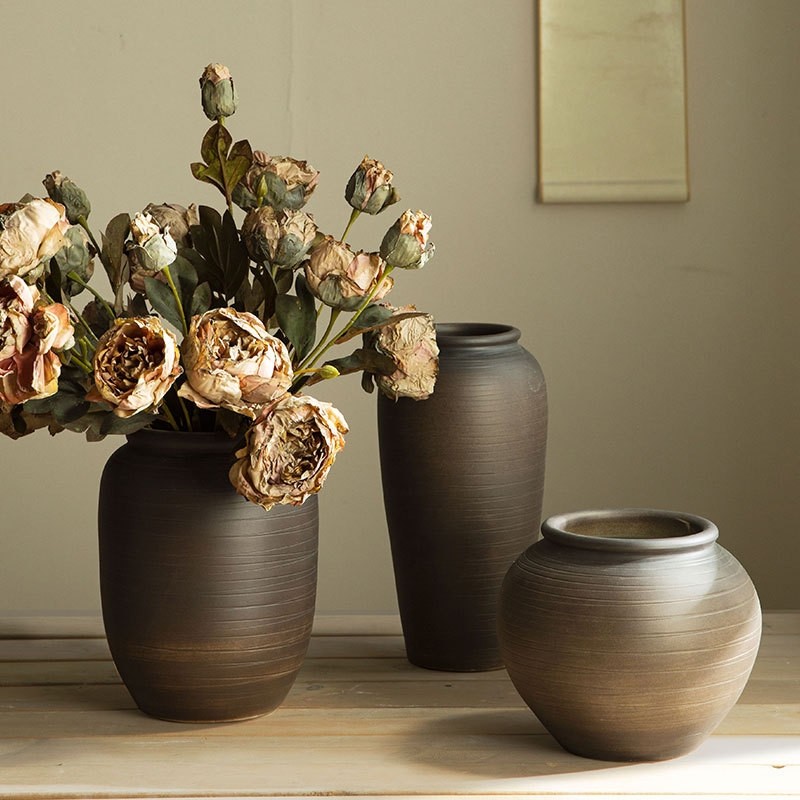 景德镇复古粗陶罐日式禅意手工花瓶螺纹花器家居客厅装饰插花花盆