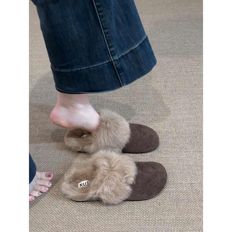 包头女拖鞋现货平底秋冬加绒毛毛女鞋子百搭韩版一字型懒人鞋单鞋
