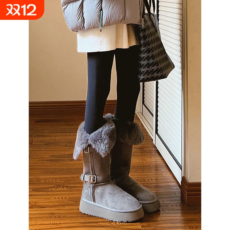 小个子厚底灰色长筒雪地靴女2025冬新款增高加绒加厚保暖东北棉鞋