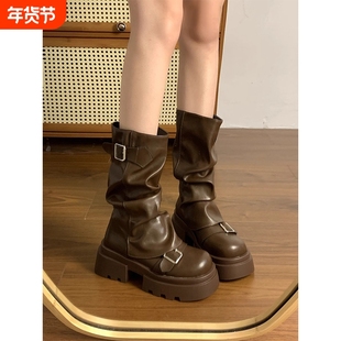 棕色百搭厚底增高马丁靴女2025年新款春秋冬季复古美拉德中筒靴子