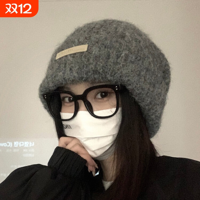 秋冬毛线堆堆帽大头围冷帽保暖帽子情侣护耳针织帽灰色黑色咖色