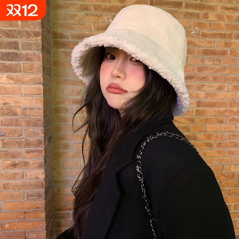 大头星球新款渔夫帽女双面灯芯绒帽子韩版冬季毛绒羊羔毛水桶盆帽