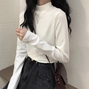 白色半高领德绒打底衫女秋冬季加绒保暖衣女纯色内搭大码长袖上衣