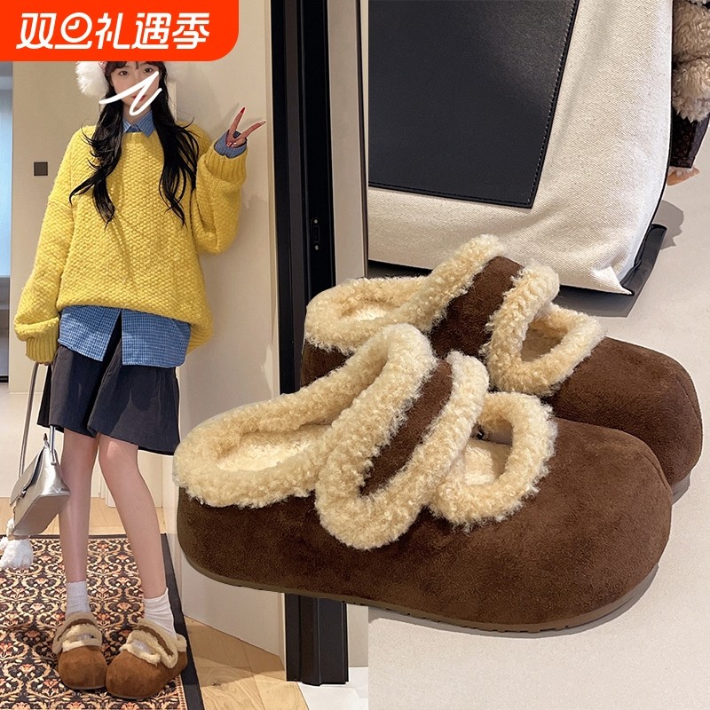 复古厚底毛毛拖鞋女外穿2025冬季加绒包头半拖保暖防滑内增高棉拖
