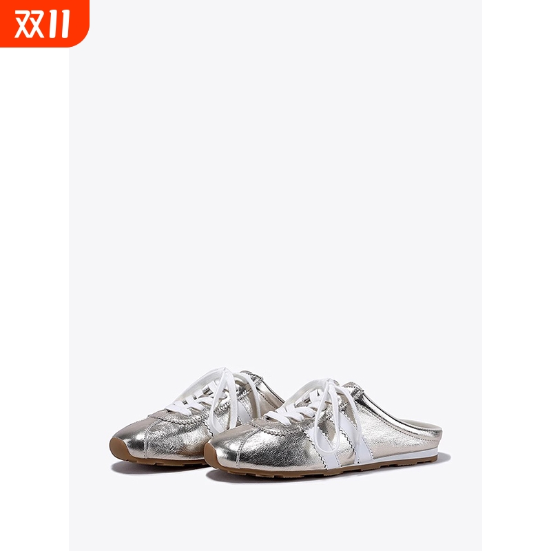 优妮蒂新款牛皮半包拖鞋女2025年春秋季无后跟德训鞋平底阿甘鞋子