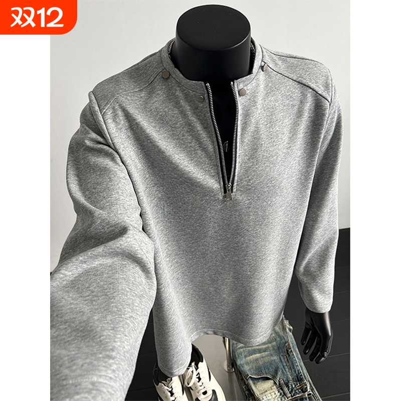 灰色铆钉半拉链卫衣男春秋季长袖T恤内搭打底衫美式cleanfit外套