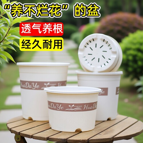 花大爷简约圆形塑料花盆透气养根绿植盆栽经久耐用白色三代加仑盆
