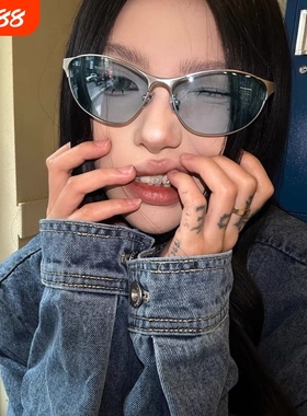 街拍防紫外线太阳镜猫眼凹造型美式蓝色墨镜女Y2k时尚辣妹复古男