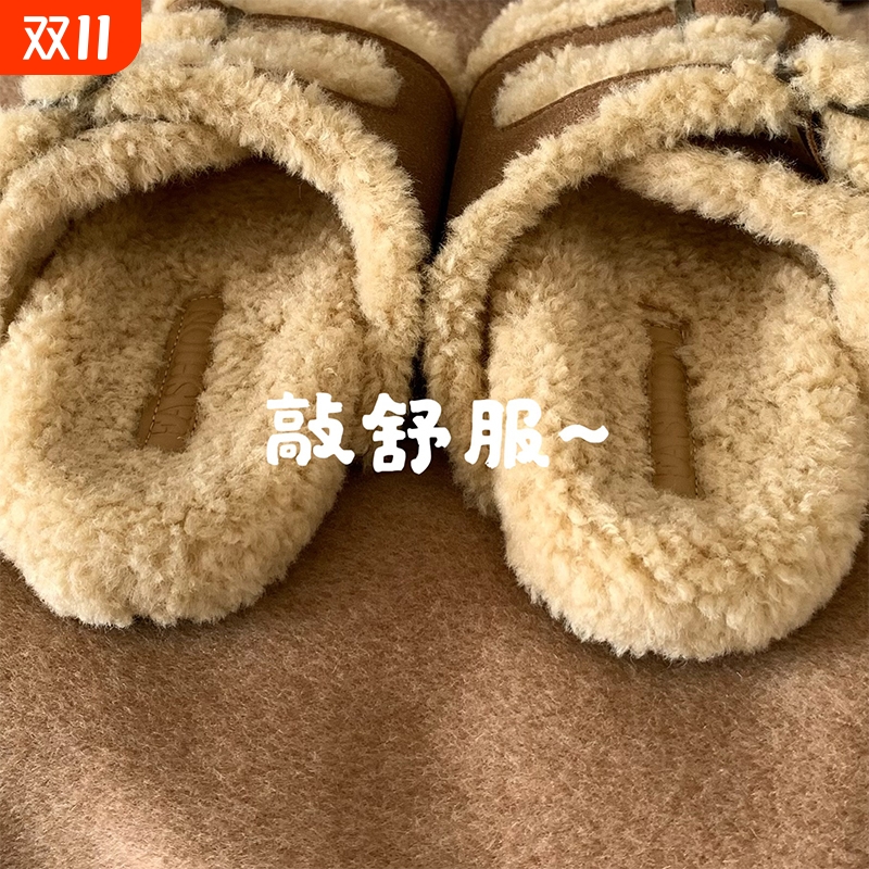 私留！INS羊羔绒毛毛鞋女外穿2025秋冬厚底毛绒勃肯拖鞋黑色白色