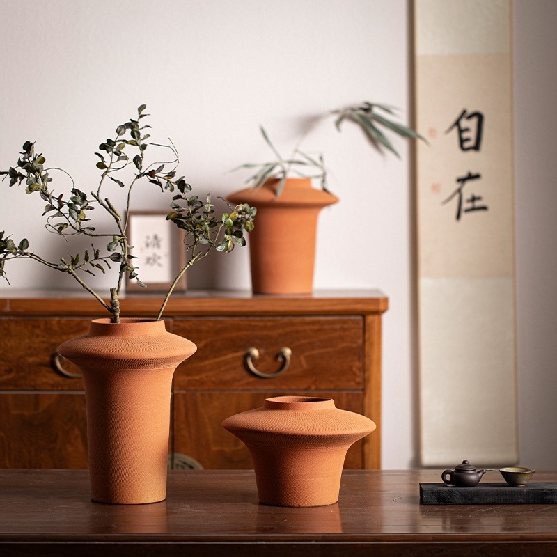 景德镇侘寂风陶瓷花瓶赤色哑光陶器装饰品玄关台面民宿插干花摆件