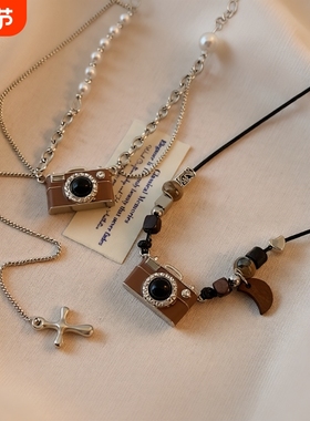 复古棕色相机珍珠项链项链毛衣链女轻奢小众设计秋冬百搭长链吊带