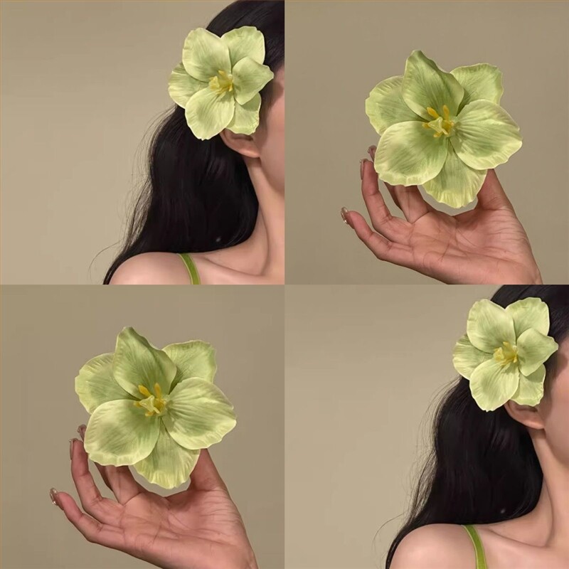 发夹氧气花朵 度假风春日小众设计感绿色头饰郁金香少女刘海侧边