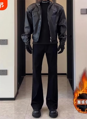 cleanfit弯刀西裤微喇男款秋冬加绒黑色显瘦裤子运动休闲直筒长裤