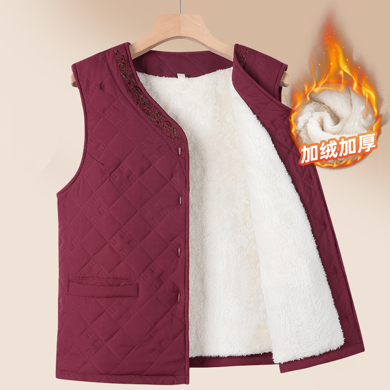 中老年人冬装保暖马甲女奶奶加绒加厚马夹老太太妈妈秋冬红色开衫