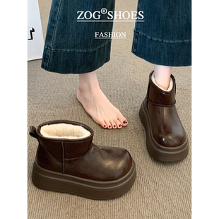 棕色棉鞋 厚底雪地靴女款 加绒加厚皮面防水防滑面包鞋 冬季 2025新款